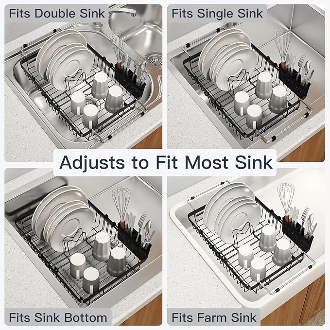 Small Expandable Over The Sink Dish Drainer Drying Rack In Stainless Steel Metal For Kitchen, Counter Space Saving Black Compact Above Plate Dryer Strainer, Adjustable Hanging Inside Sink Drain Holder