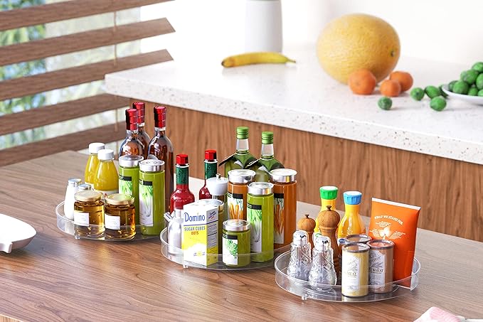 Slideep Lazy Susan Spice Rack, Round Plastic Clear Rotating Turntable Organization, Spinning Organizer Spices Condiments Container Bins for Kitchen, Cabinet, Pantry, Fridge, 10.6" Clear - 3 Pack