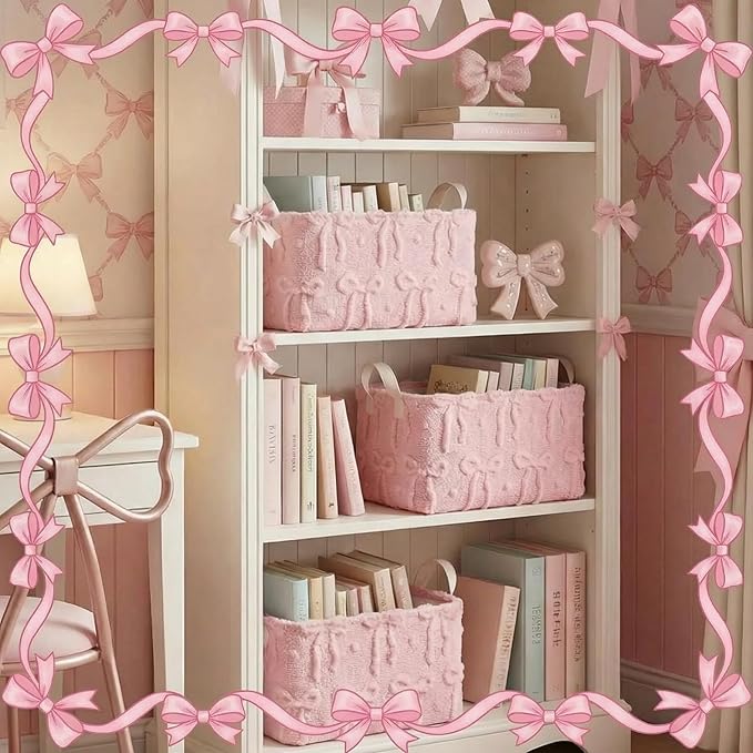 Kathfly 3 Pcs Bow Foldable Storage Baskets Plush Faux Fur Jacquard Design Laundry Basket with Handles Waterproof Storage Bins Fabric Shelf Baskets for Organizing Closet Clothes