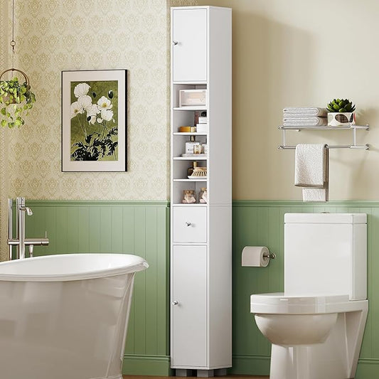 TEENFON Bathroom Cabinet, Narrow Bathroom Storage Cabinet with 5 Adjustable Shelves & Drawer, Freestanding Cupboard for Small Spaces, White