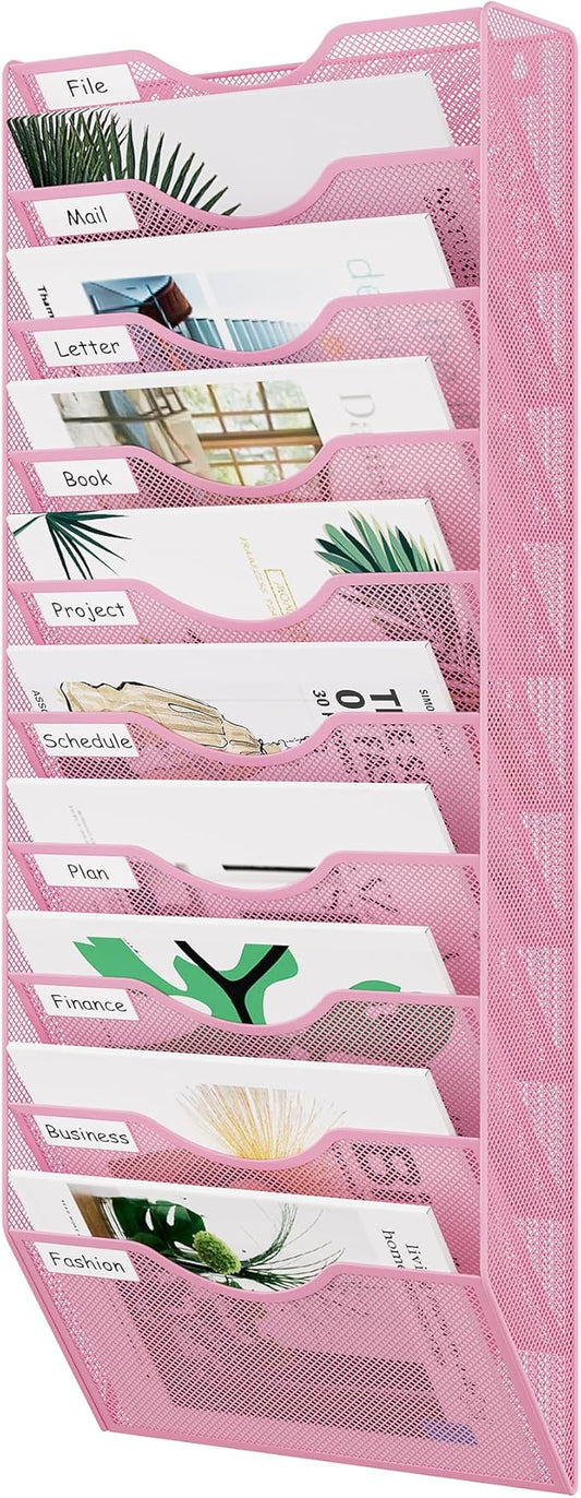 EasyPAG 10 Pocket Mesh Wall File Organizer, Hanging Paper Folder Holder with Classify Label, Vertical Wall Mount Mail Organizer for Office Home Classroom, Pink