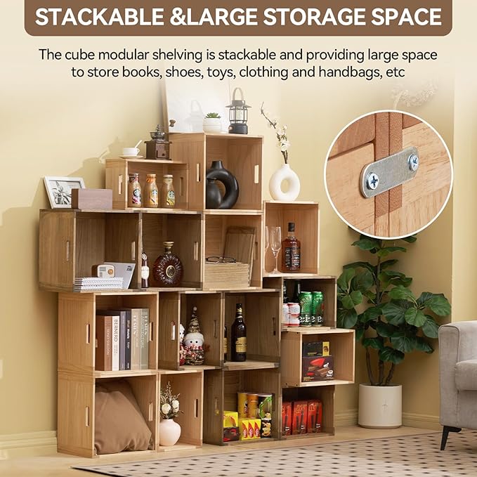 KIRIGEN Stackable Wood Storage Cube /Basket/ Bins Organizer for Home Books Clothes Toy Modular Open Cubby Storage System - Office Bookcase Closet Shelves F26-NA