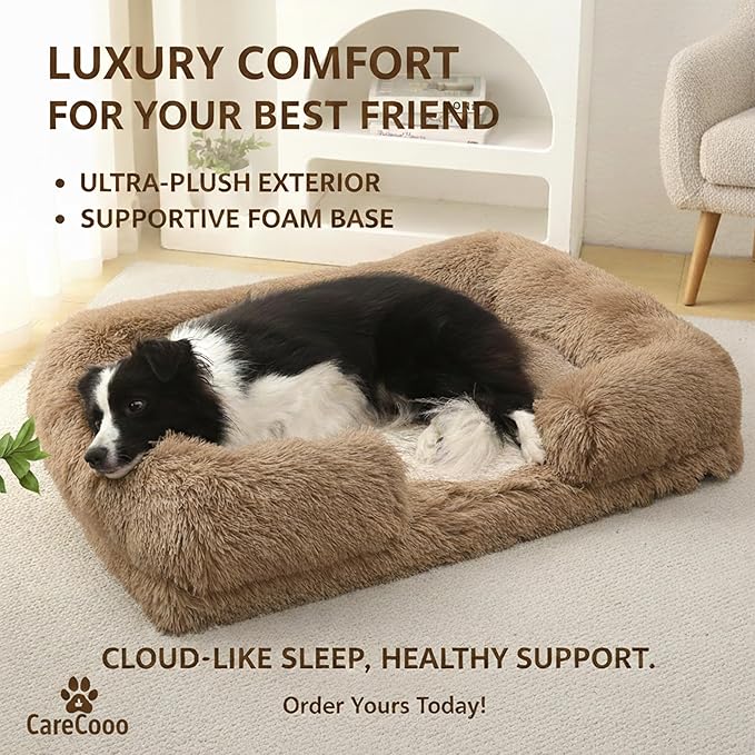 Orthopedic Dog Bed for XL Dogs - Washable Memory Foam Pet Sofa, Fluffy Plush Rectangular Bed, Waterproof Anti-Anxiety Couch, Khaki, XL