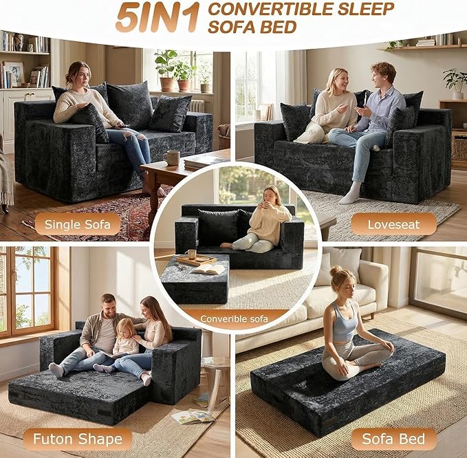 Convertible Sofa Bed, 5 in 1 Small Boneless Couch Pull Out Loveseat Sleeper Sofa,Corduroy Futon Couch Folding Mattress with 4 Pillows for Living Room Bedroom Lounge (No Assembly)