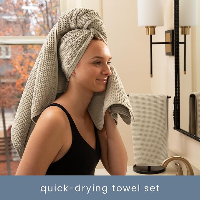 S&T INC. Aura Towel Set, 6 Piece Set, Premium Waffle Weave, Bath Towels, Wash Cloths and Hand Towels for Bathroom, Kitchen, and Home, Absorbent and Fast Drying Microfiber, 420gsm, 6 Pack, Beige