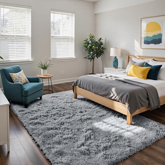 Fluffy Rug Shaggy Area Rug, Light Grey 6x9 Area Rugs for Living Room, Large Shag Area Rugs for Bedroom Kids Room Home Decor, Upgrade Anti-Skid Rectangular Fuzzy Rugs
