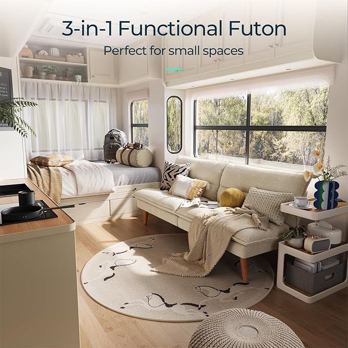 LINSY HOME Futon Sofa Bed - Convertible Corduroy Futon Couch Bed with Adjustable Backrest, Modern Small Loveseat Sleeper Sofa for Small Spaces, Living Room, Apartment or Office (Beige)