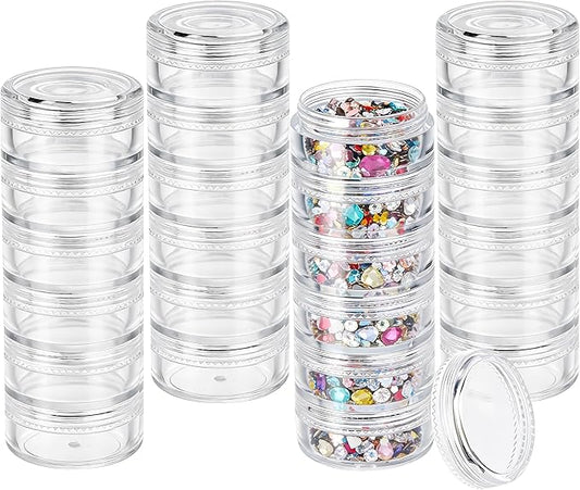 Fengek 6 Sets 6 Layer Stackable Plastic Containers, 10G/10ML Clear Cosmetic Storage Box Round Organizer Jars for Beads, Buttons, Small Jewelry Findings