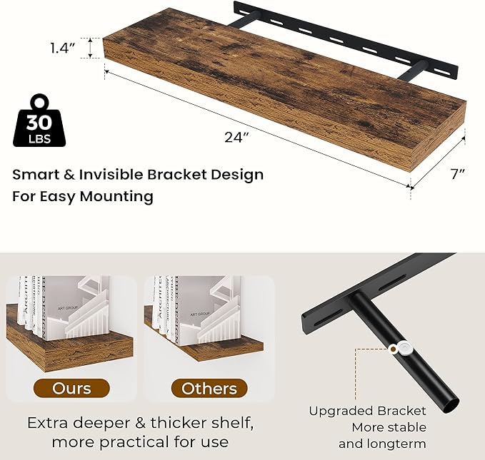 Dreamland 24 Inches Floating Shelves for Wall,6.7 Inch Deep Floating Shelves Set of 2, Large Display & Storage Shelf, Wall Shelf for Bathroom Bedroom Living Room Kitchen Office,Rustic Brown