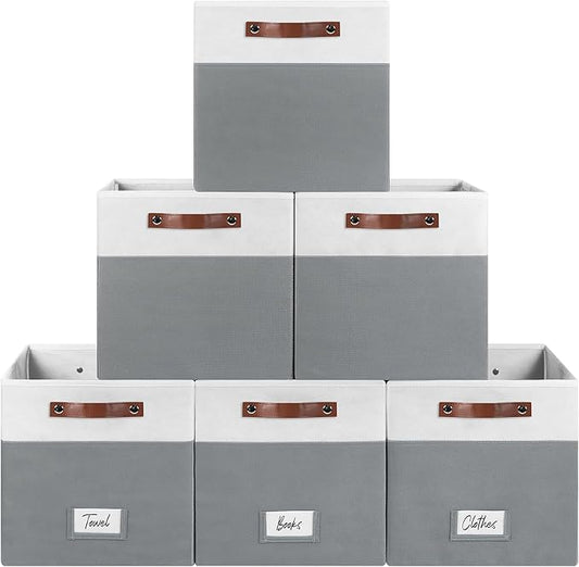 6-Pack Storage Cubes with Handles & Label Holders Basket, Closet Cube Home Organizer Bins(White/Dark Grey, 13 x 13 x 13 inch)