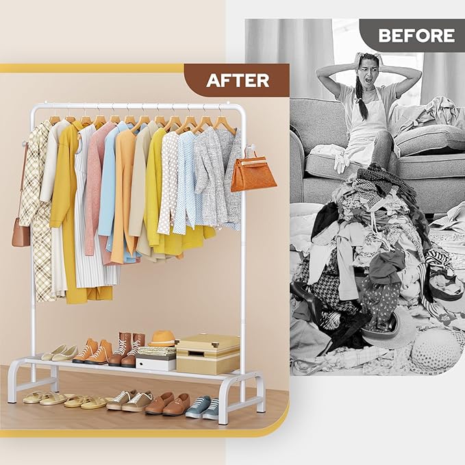 Clothes Rack With Storage Shelves and Coat/Hat Hook, Metal Clothing Rack for Hanging Clothes, Garment Rack for Bedroom, Laundry, Living Room, White