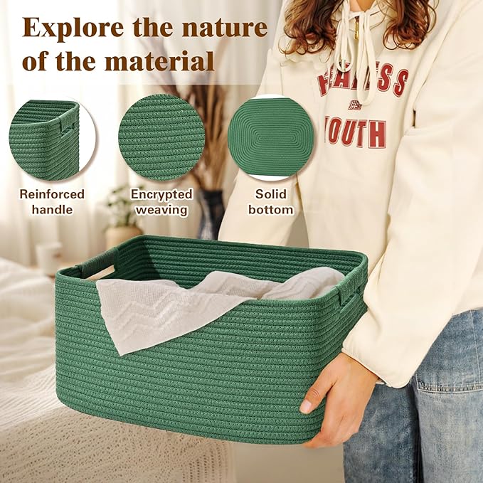 4 Pack Large Storage Basket for Organizing, 17.5"x13"x7" Woven Basket for Shelves, Closet Cube Storage Bins with Wrapped Handle, Cotton Rope Baskets for Kitchen, Clothes, Toys(Green)