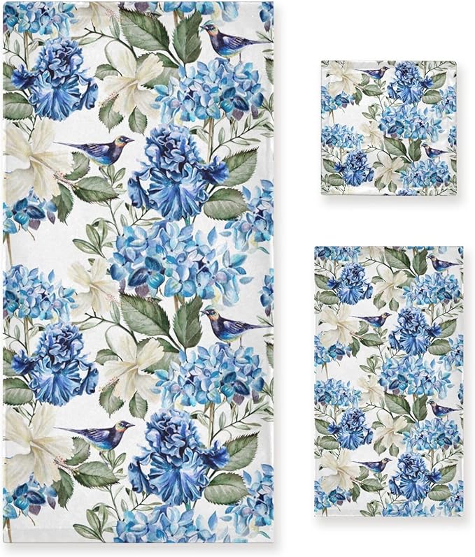 Blue White Floral Bath Towels Set,Absorbent Soft 3 Piece Spring Birds Hydrangea Hibiscus Flower Towels for Bathroom,1 Bath Towel 1 Hand Towel 1 Washcloth,Quick Dry Decoractive Bathroom Towels