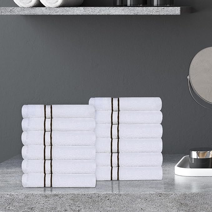 Superior Hotel Turkish Cotton 12 Piece Face Towel Set, Ultra Plush Spa Quality Heavyweight Essentials for Skincare, Thick Absorbent and Soft, Dobby Border, Includes 12 Washcloths, Chocolate