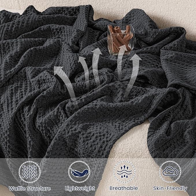 PHF Lightweight Waffle Weave Blanket King Size 104"x 90", Soft Woven Summer Blanket for Hot Sleepers - Aesthetic Home Decor for Couch Bed Sofa, Pet Friendly, Black