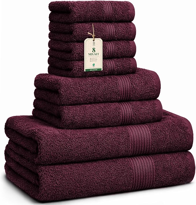 Luxe Set – Washcloths (30 x 30cm), Hand Towels (40 x 70cm) & Bath Towels (65 x 137 cm) – 100% Cotton, Soft, Absorbent, Easy Care, Versatile, (Velvet Wine)