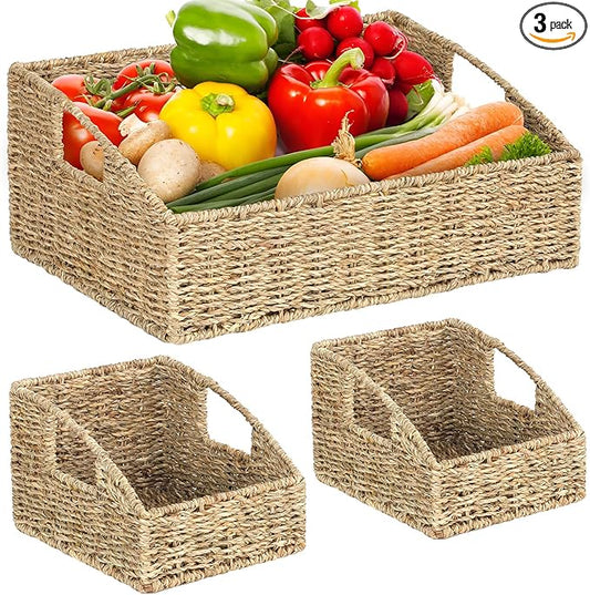 Set of 3 Handwoven Seagrass Storage Baskets – Decorative Natural Wicker Organizer Bins with Built-in Handles for Bathroom, Kitchen, Pantry, Nursery, Closet, Laundry, Living Room, and Home Use