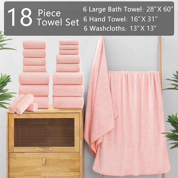 18 Piece Bath Towels Set,100% Microfiber Family Bathroom Towel with Hanging Loops-6 Bath Towels,6 Hand Towels,6 Washcloths,Quick Dry Highly Absorbent Shower Towel for Bathroom,Hotel,Spa-Pink