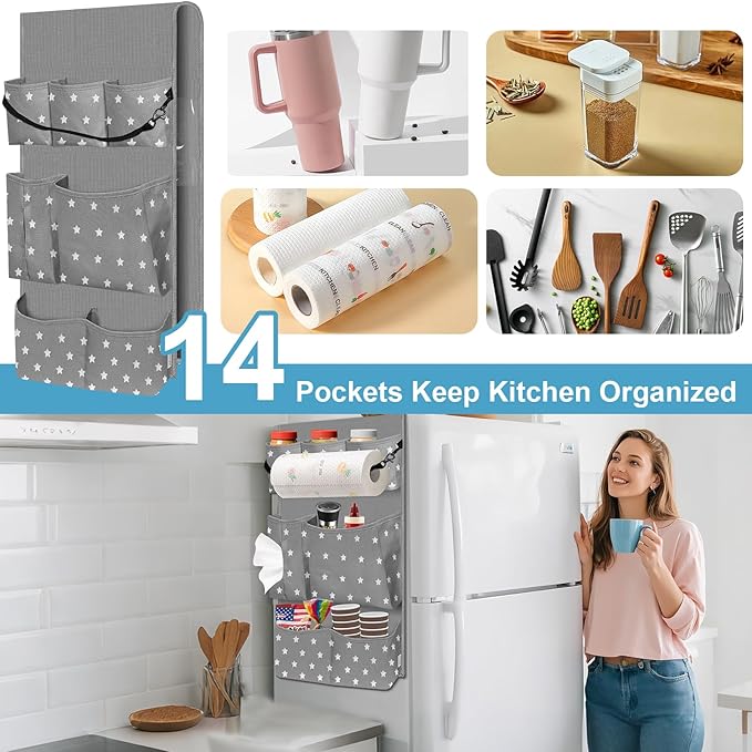 Dorm Room Essentials Mini Fridge Organizer, Hanging Over Fridge Storage Organizer, College Caddy with 14 Pocket for Office, Kitchen, Home, School (Grey)