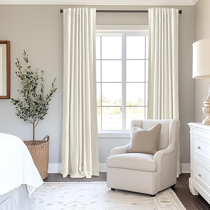 INOVADAY 100% Blackout Curtains for Bedroom, Black Out Curtains 84 Inch Long, Clip Rings Linen Blackout Drapes, Thermal Insulated Room Darkening for Living Room, 2 Panels - Lightcream,W50xL84