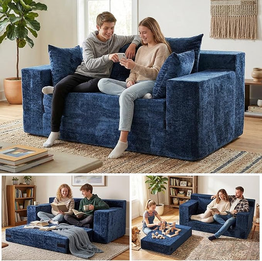 Convertible Sofa Bed, 5 in 1 Small Boneless Couch Pull Out Loveseat Sleeper Sofa,Corduroy Futon Couch Folding Mattress with 4 Pillows for Living Room Bedroom Lounge (No Assembly)
