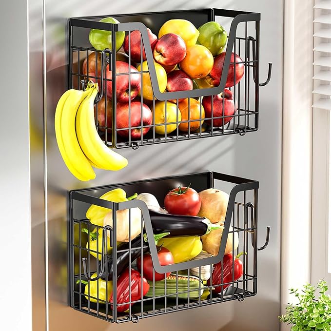 Heavy Duty Magnetic Shelf Basket for Fridge(2-Pack), Foldable Magnetic Storage Basket, No Assembly Space Saving Fridge Organizer for Fruits, Veggies, Snacks & Laundry