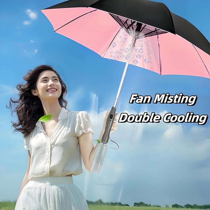 Umbrella with Fan & Mist Spray - Rechargeable UV Protective Cooling Umbrella for Patio, Beach, Travel — Portable Misting System & Detachable Water Bottle Included