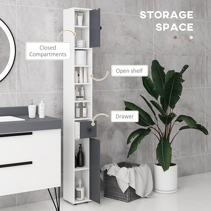 kleankin Narrow Tall Bathroom Storage Cabinet, 71" Slim Freestanding Bathroom Cabinet with Drawer, Open Shelves, 2 Doors and Adjustable Shelves for Small Spaces, Gray
