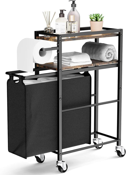 Toilet Paper Holder with Storage Bag & Wheels - Freestanding Bathroom Organizer Holds 9 Rolls for Small Spaces, Essentials Storage Beside Toilet-Brown