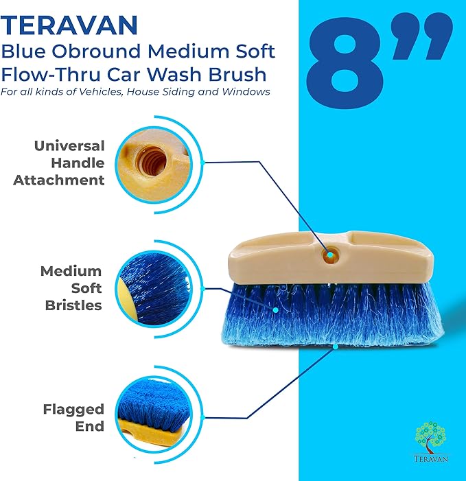 8 Inch Blue Obround Medium Soft Flow Through Scrub Brush with Flagged Ends for Car and House Cleaning, Car Wash Brush for RV's and Larger Vehicles.