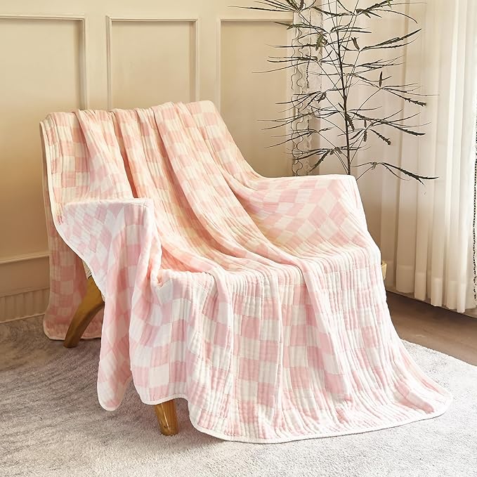 SANACYNA Muslin Blankets for Adults Queen 100% Cotton 6-Layer Gauze Pink Grid Bed Blanket Lightweight Soft Breathable Christmas Blanket Gift for Women (Pink Checkerboard, Queen 90" X 90")