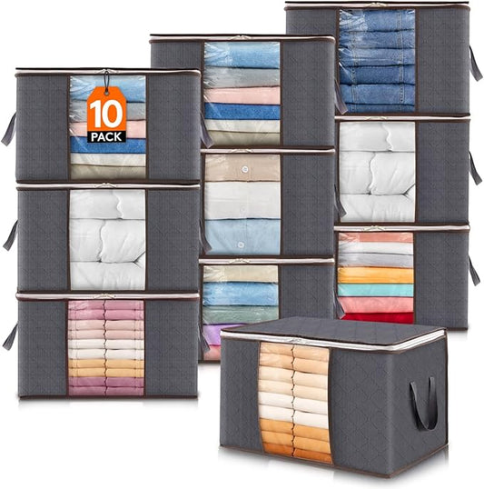 Lifewit 10 Pack 60L Clothes Storage Bins with Lids, Foldable Blanket Storage Bags with Zippers, Clear Window and Reinforced Handles, Closet and Organization for Clothing, Sweater, Comforter, Bedding