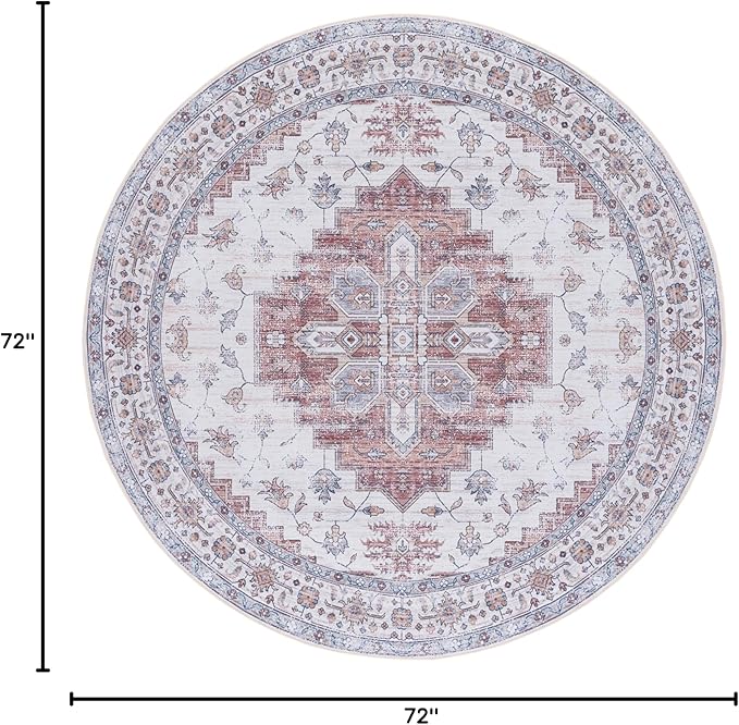 SAFAVIEH Washable Rug Tucson Collection - 6' Round, Ivory & Rust, Slip Resistant & Easy to Clean, Ideal for Living Room, Bedroom, Dining Space (TSN109A)