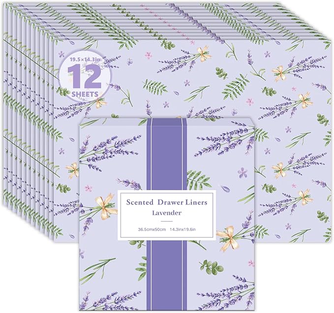 SCENTORINI Scented Drawer Liners for Dresser, 12 Sheets Lavender Scent Drawer Paper Liners,14.3x19.5 Inch Scented Paper Sheets for Home Shelf Closet Bedroom Drawers