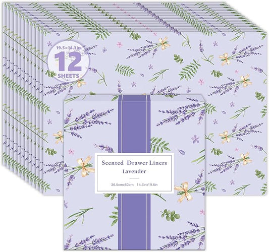 SCENTORINI Scented Drawer Liners for Dresser, 12 Sheets Lavender Scent Drawer Paper Liners,14.3x19.5 Inch Scented Paper Sheets for Home Shelf Closet Bedroom Drawers