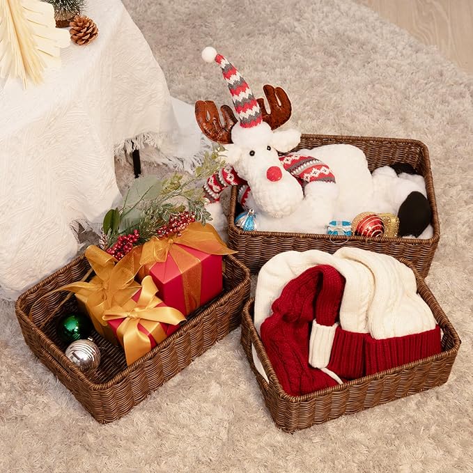 Baskets for Organizing, Undershelf Wicker Storage, Hand Woven Organizer for Closet Organization, Rectangular, Set of 3, Toffee