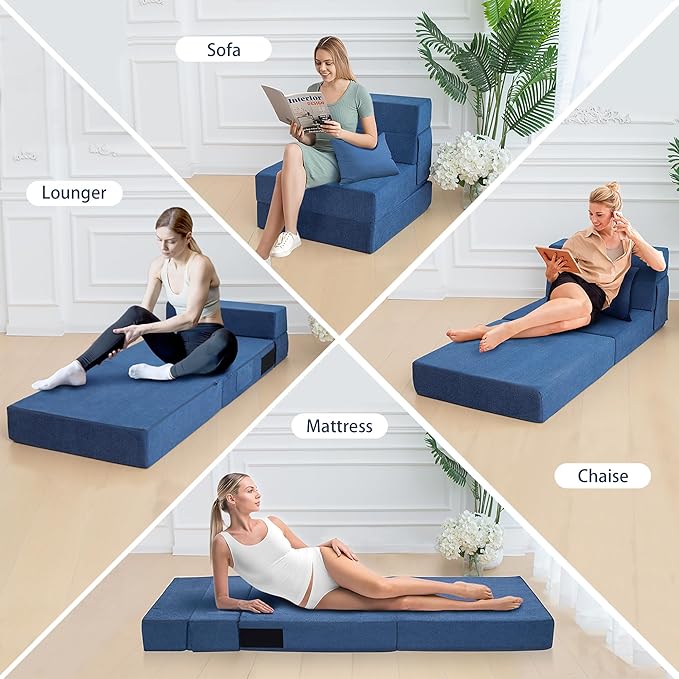 Folding Sofa Bed Chair with Pillow,Convertible Fold Out Chair Bed Sleeper,Foam Floor Mattress, Foldable Futon Couch Bed for Living Room/Dorm/Guest/Office (Blue, Single)