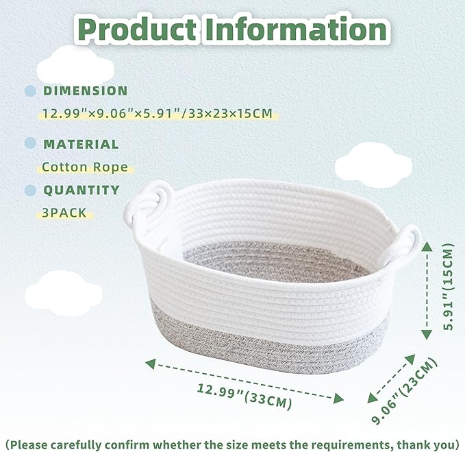 GYASVWU Cotton Rope Baskets for Storage, Woven Basket for Organizing, Decorative Storage Baskets with Handle, Shelf Baskets for Organizing, Toy Organizer/Towel Bin/Gift Basket Empty (Khaki - 3 Pack)