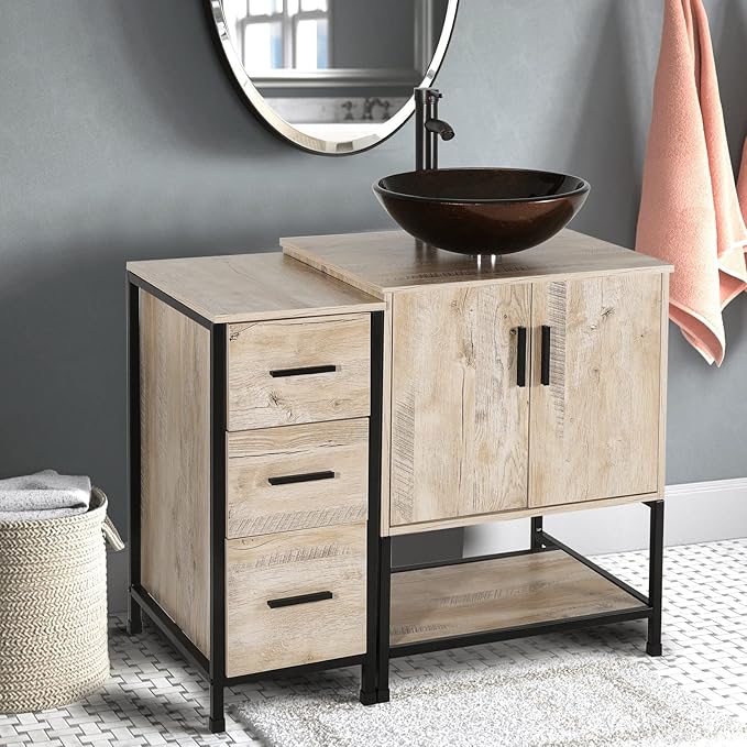 eclife 36" Bathroom Vanity Sink Combo Modern Metal Stand Cabinet W/Bottom Shelf & Storage Side Cabinet Brown Round Vessel Sink & Water Save Faucet & Pop Up Drain, Oak (A09)