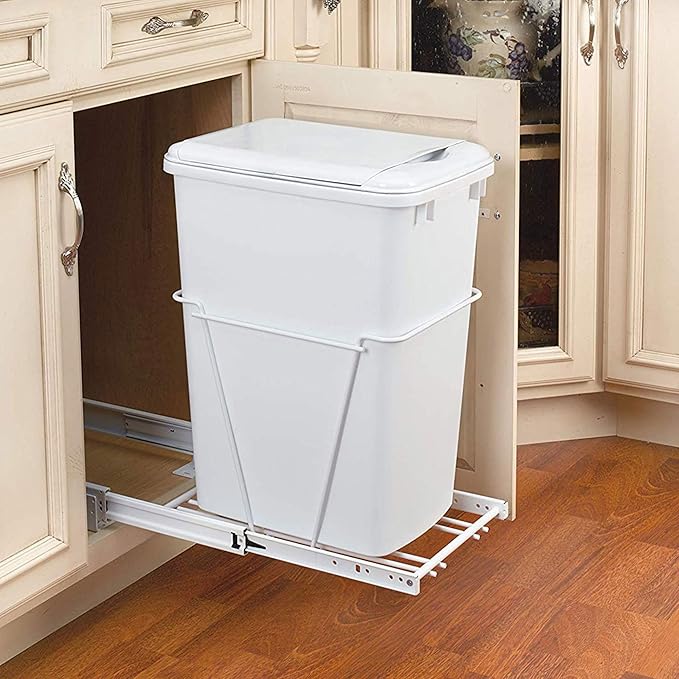 Rev-A-Shelf Steel Pullout Waste Container with Single Trash Can, 35 Quart, White - Sliding Garbage Bin System for Kitchen or Bathroom Base Cabinets, RV-12PB
