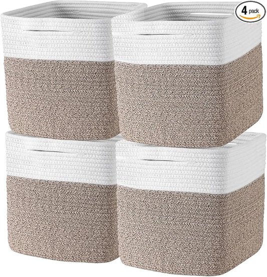Storage Cubes 11 Inch Storage Baskets for Shelves, Set of 4 Cotton Rope Woven Baskets for Organizing, Cube Storage Square Bins for Toy, Playroom Decor, Classroom, Closet, White+brown