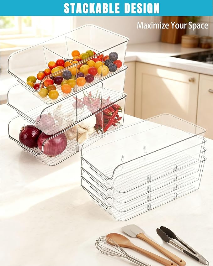 Pantry Organizers and Storage,Clear Plastic Containers with 2 Dividers for Kitchen,Fridge,Freezer Organization and Storage,Acrylic Bins for Pounches,Spice Packet,Snack organzier (4 Pack)