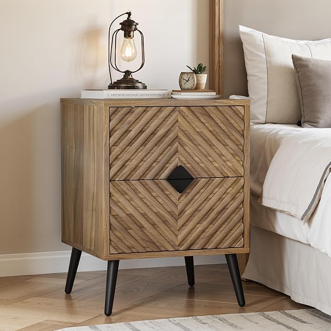 Smuxee Walnut Wooden Nightstand with 2 Drawers, Mid Century Night Stand with Fluted Diamond Doors, Bedside Table with Metal Feet, Modern End Side Table for Bedroom