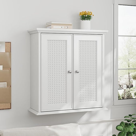 White Bathroom Medicine Cabinet, Wall Mounted with Rattan Doors, 22.1" W x 23.6" H x 8.6" D, Adjustable Shelves, Wall Cabinet Over Toilet for Laundry Room Kitchen