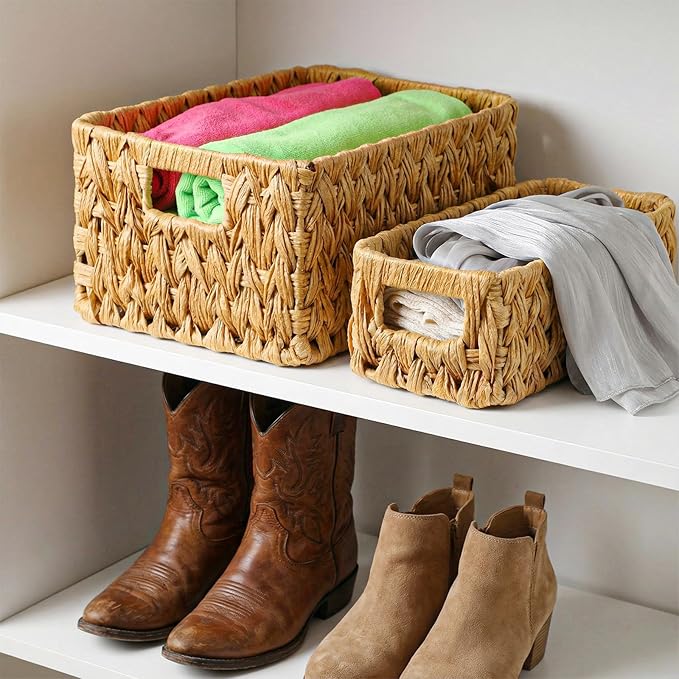 3 Pcs Plastic Water Hyacinth Wicker Baskets, 2 Sizes Large Rectangular Woven Storage Baskets with Handles for Home Organizing