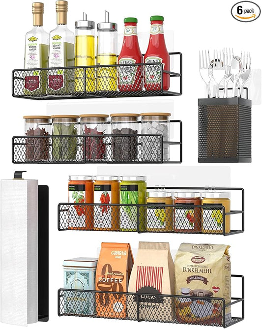 DTUQTX Spice Rack Wall Mounted 6 Pack: 100% Metal & Strong Adhesive Spice Organization for Kitchen Cabinet/Pantry Door, No Drill Hanging Seasoning Organizer with Paper Towel Holder, Utensil Caddy