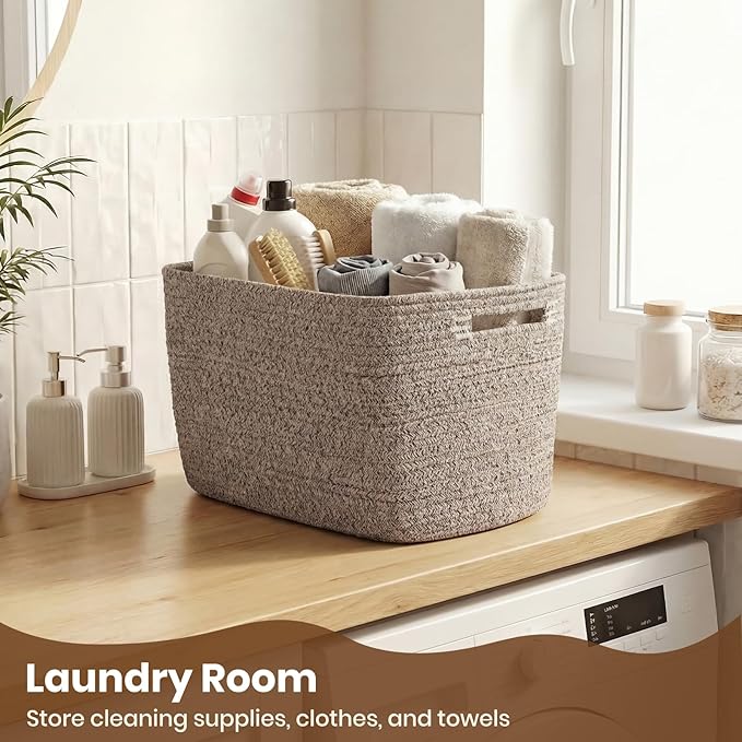 Storage Baskets for Organizing, 14 x 10 x 9” Closet Shelf Woven Baskets, Square Bins with Handles, Cotton Rope Basket for Toys, Clothes, Office, Room, Brown 4 Pack