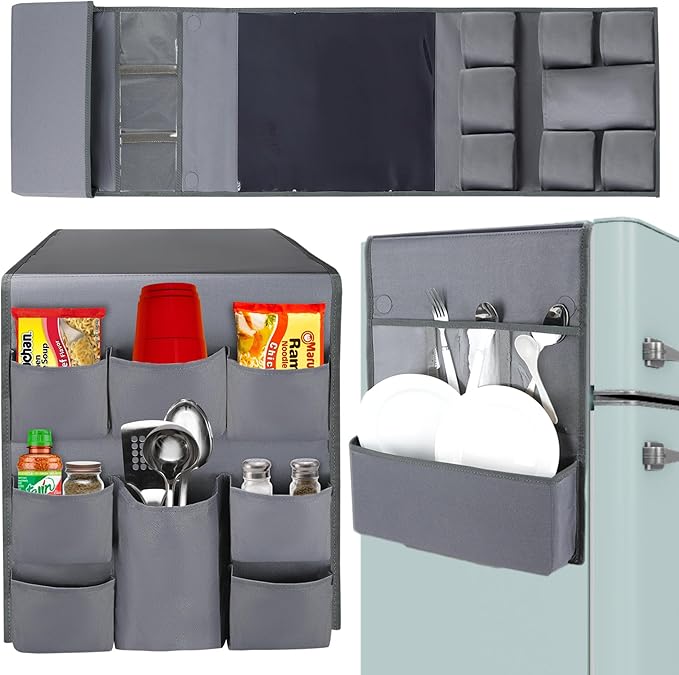 Mini Fridge Organizers and Storage - College Dorms Must Haves - Large Pockets with Dividers Holds Pantry Goods, Utensils, Paper Towel, Plastic Wrap Ideal Mini Fridge Shelf for Dorm and Office (Grey)…