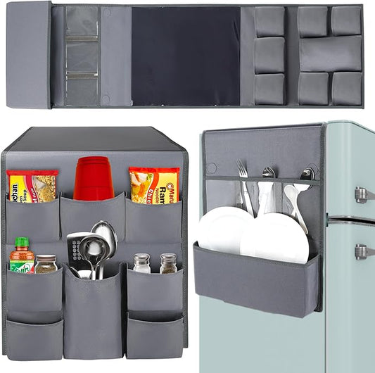 Mini Fridge Organizers and Storage - College Dorms Must Haves - Large Pockets with Dividers Holds Pantry Goods, Utensils, Paper Towel, Plastic Wrap Ideal Mini Fridge Shelf for Dorm and Office (Grey)…