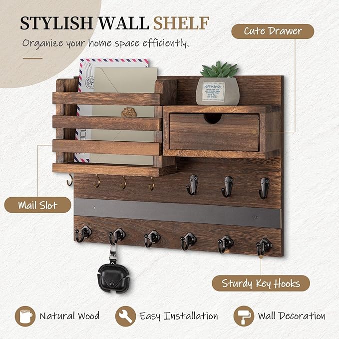Nekon Key Holder Wall Mount, Rustic Mail and Keys Shelf for Wall Organization with 13 Hooks, Home Decor Accessory with Drawer, Brown